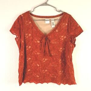 Emma James Size 1X Top Burgundy Lace V-Neck Cap Sleeve